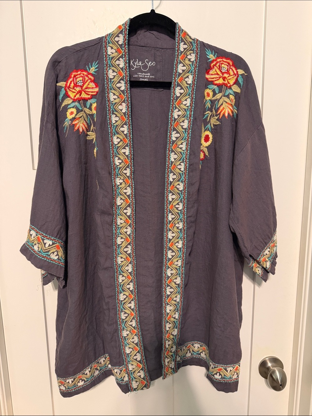 Kyla Seo Gray Embroidered Open Front 100% Linen Boho Kimono Jacket Handmade